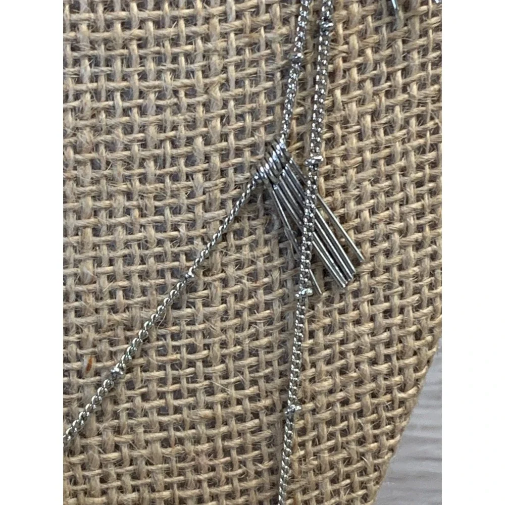 Silver Tone Double Layer Necklace Blue Teardrop Stone Metallic Fringe 20